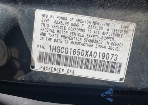 1999 Honda Accord Ex V6 z USA, uszkodzony, nr VIN 1HGCG1650XA019073